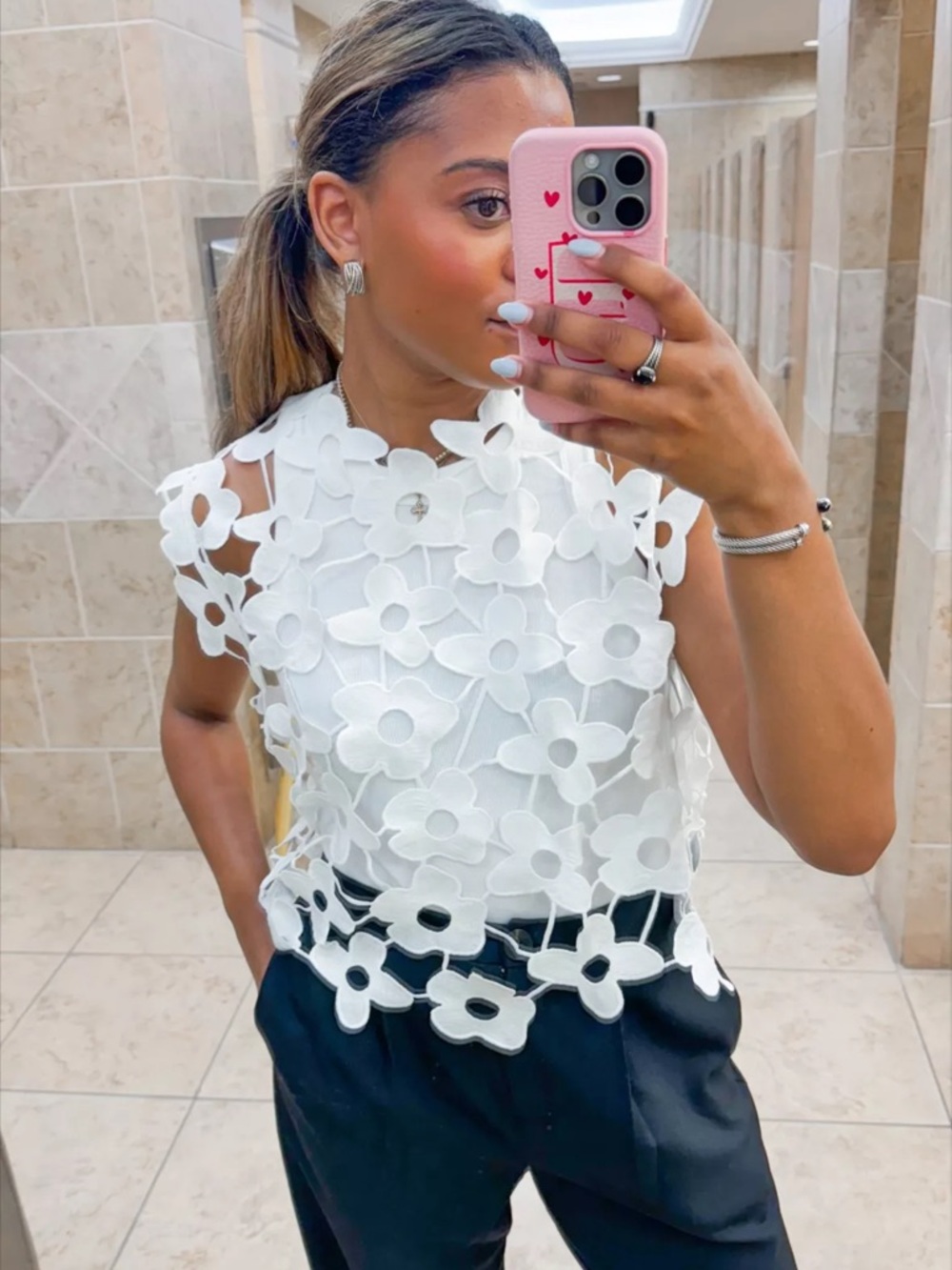 White Floral Appliqué Sleeveless Top - Women's